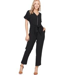 Polagram Jumpsuit Black Medium Short Sleeve Front Zipper V-Neck Tie